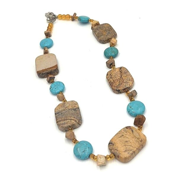 Artisan Crafted Picture Jasper & Turquoise Statement Necklace - Picture 1 of 9